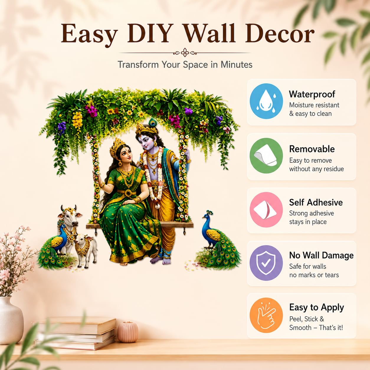 SatnamEncase Radha Krishna Jhula Wall Sticker 90x80 cm I Lord Krishna Radha Swing PVC Vinyl Wall Decal I Waterproof Self Adhesive Pooja Room Living Room Decor 3