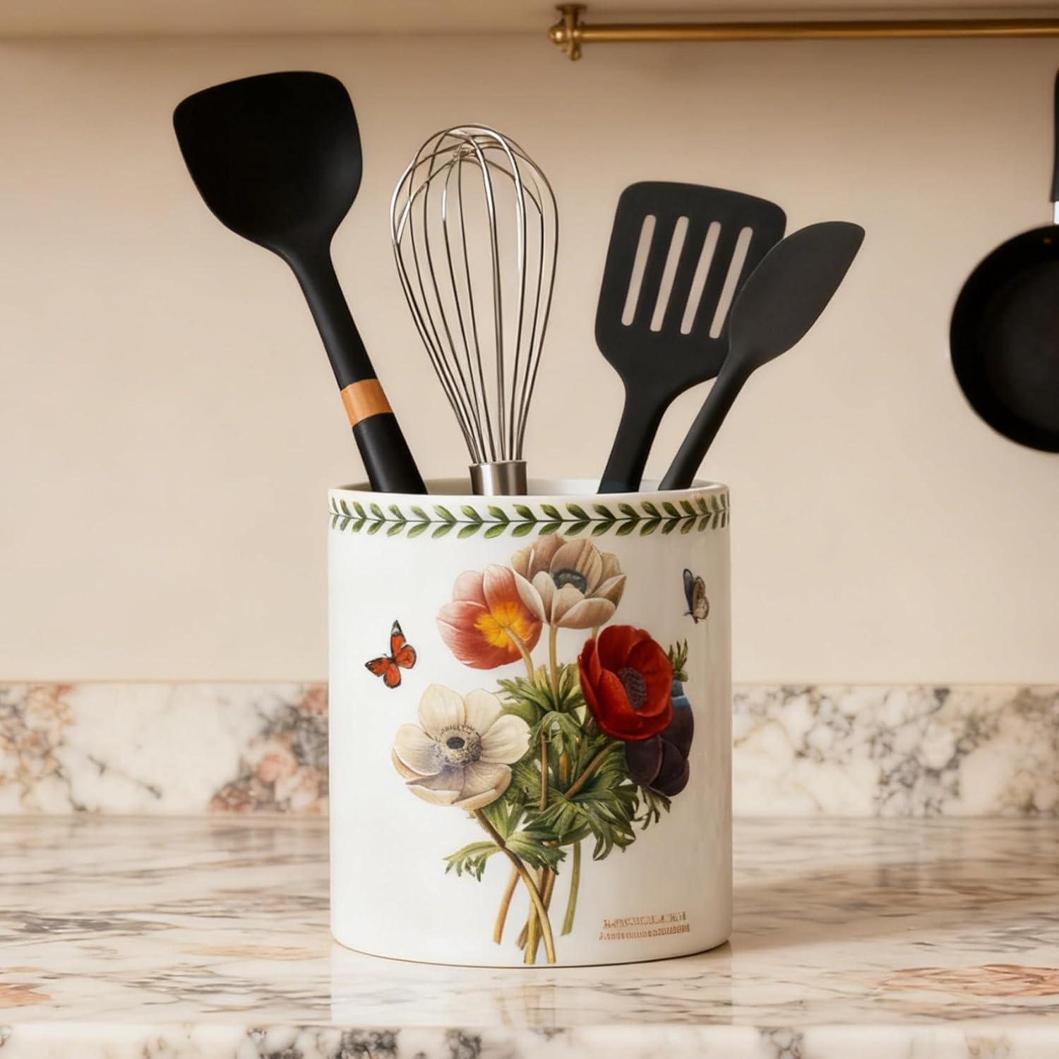 Floral Kitchen Utensil Holder, 7.1 Inch Large Ceramic Crock, Sunflower Pattern, White Kitchen Counter Organizer (Papaver rhoeas)