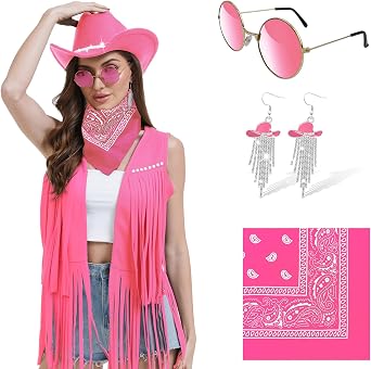 FunMular Cowgirl Outfit for Women Western Outfit Costume Accessories Cowboy Hat Fringe Vest Earring Bandana for Halloween