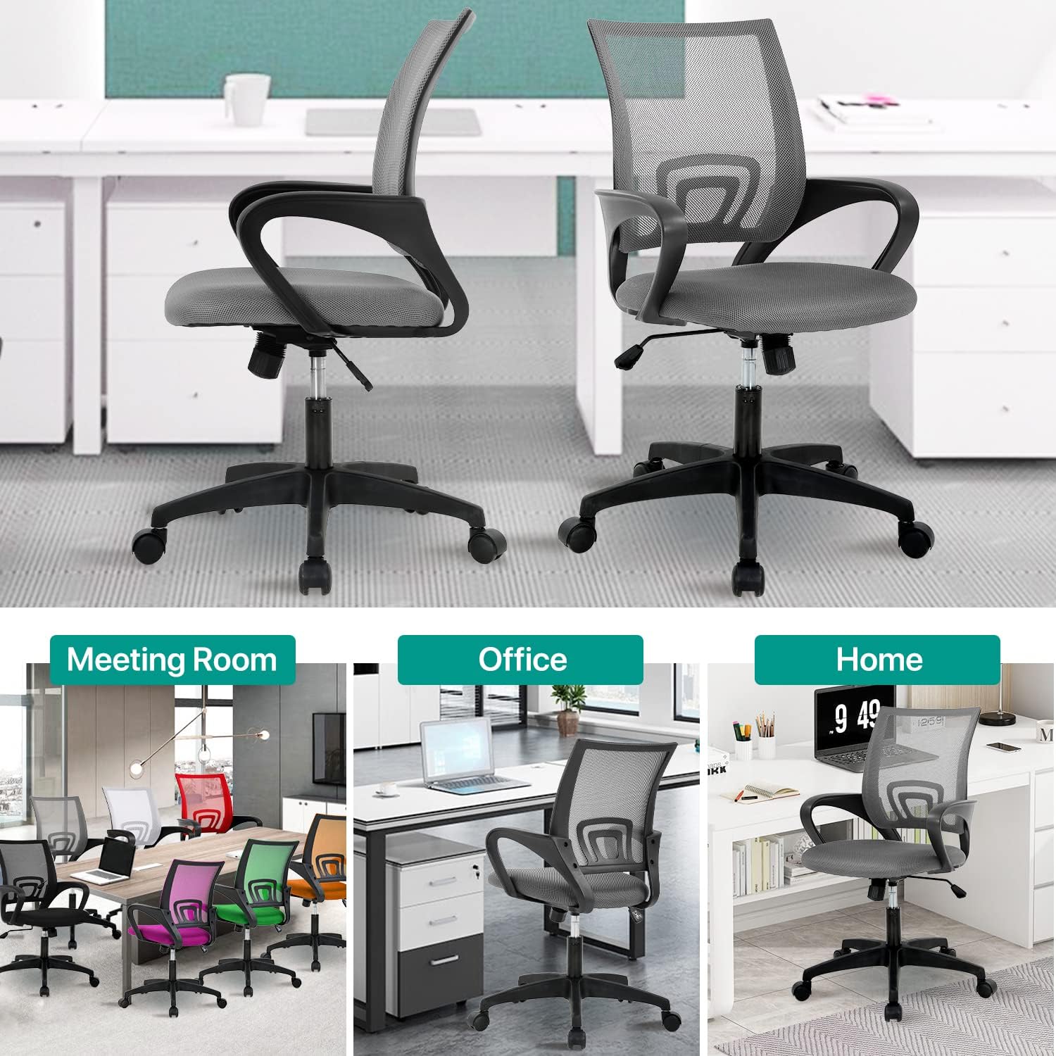 HHS Ergonomic Mid Back Mesh Computer Executive Desk Chair with Lumbar Support and Armrest - Home Office Adjustable Height Rocking Swivel Task Chair, Grey