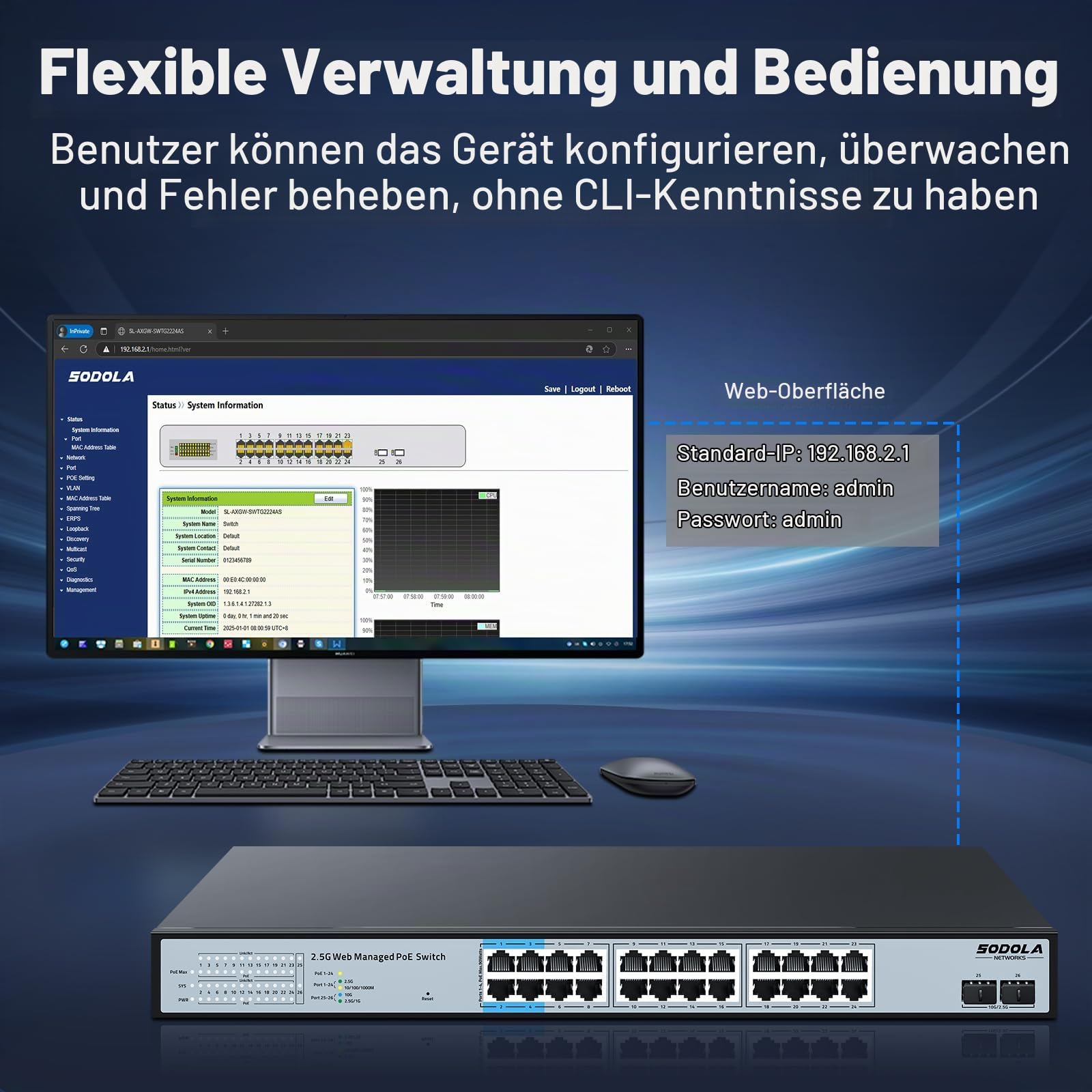 SODOLA 24-Port 2,5Gbit PoE+ Switch, Smart Managed mit 2x10G SFP+, 500W | 1U-Rackmontage,IEEE 802.3af/at/bt 90W Supported,LACP/QoS/VLAN/IGMP2.5Gb Easy Web Managed PoE Netzwerk Switch