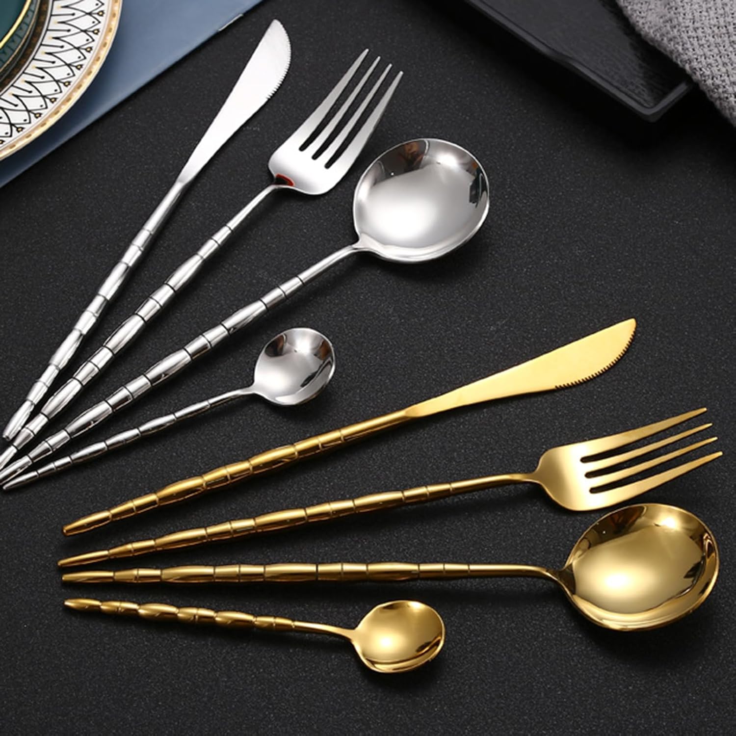 24 Piece Fine Flatware Set, Service for 6, golden tableware Stainless Steel, Silverware Set, Dishwasher Safe (Golden 72pcs(set for 18))