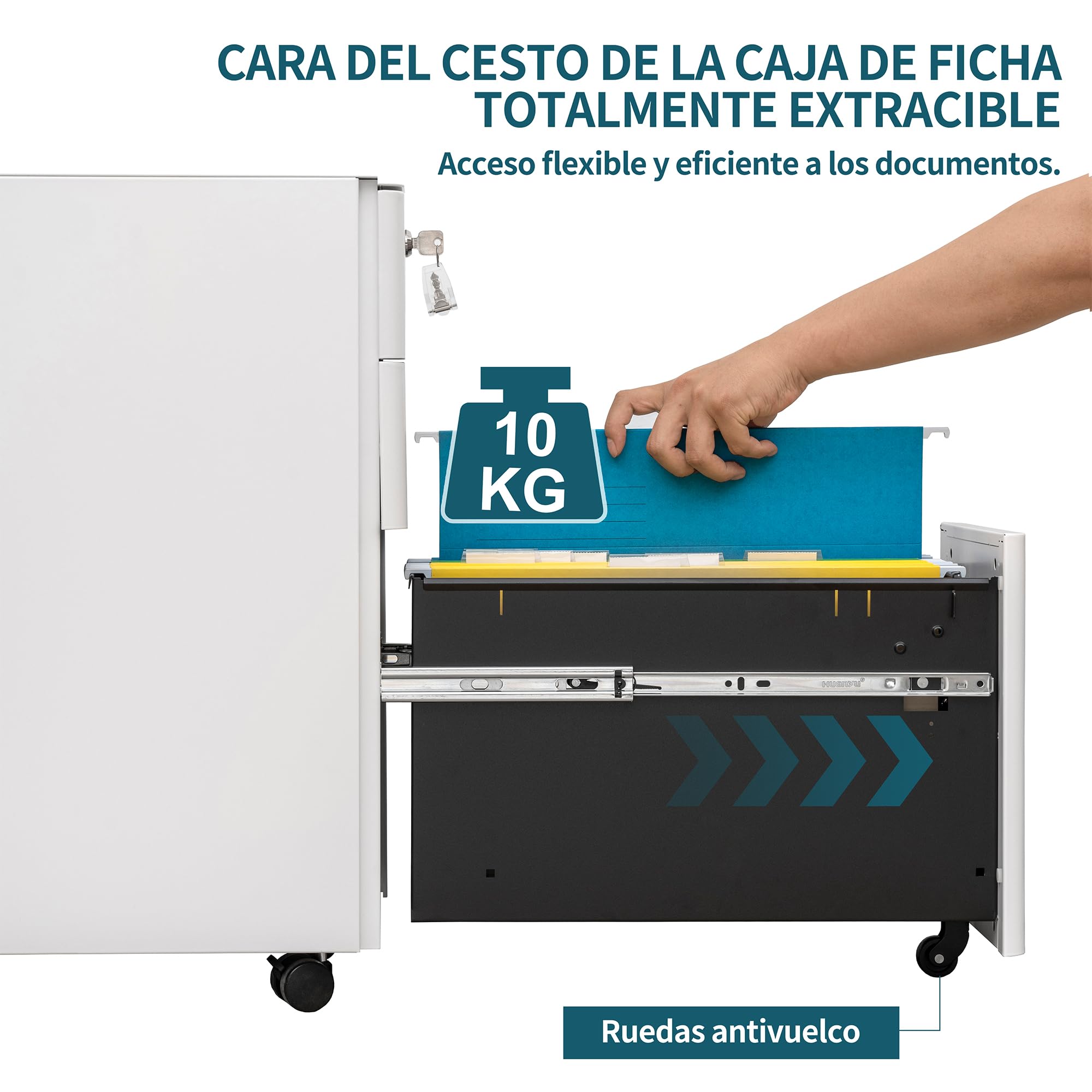 Archivador Móvil, Cajonera de Escritorio Metálica Cerrable, con 4 Llaves, Completamente Ensamblado, para A4/Documentos/Carpetas de Archivo