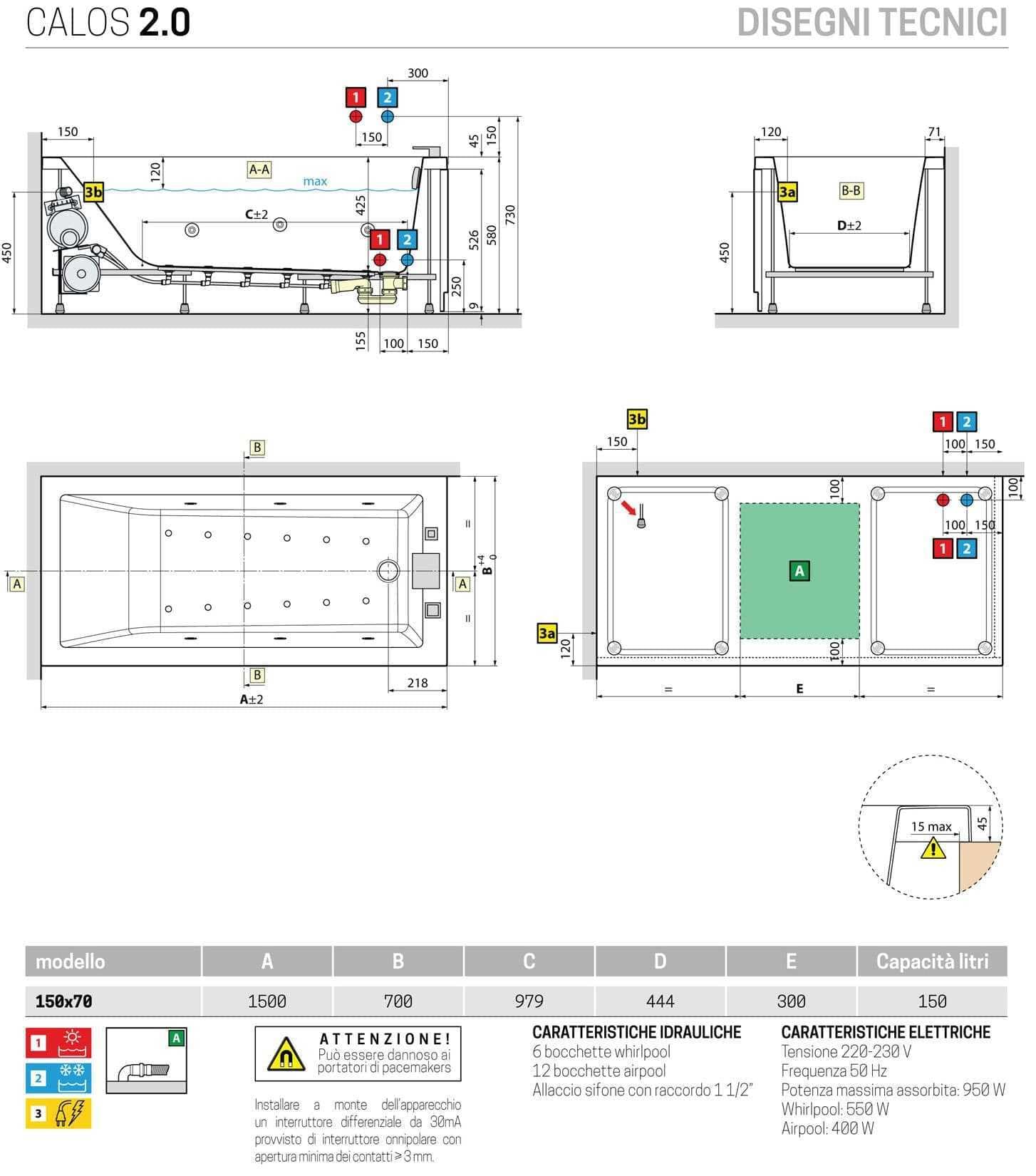 Novellini Calos 2.0 Wanna Hydro Plus Hydro 6 Jet Dezynfekcja Airpool 12 dysz 150 x 70 cm Odwracalny Prostokątny 2 Panele Akrylowy Biały Błyszczący Kolumna Bateria Wyświetlacz