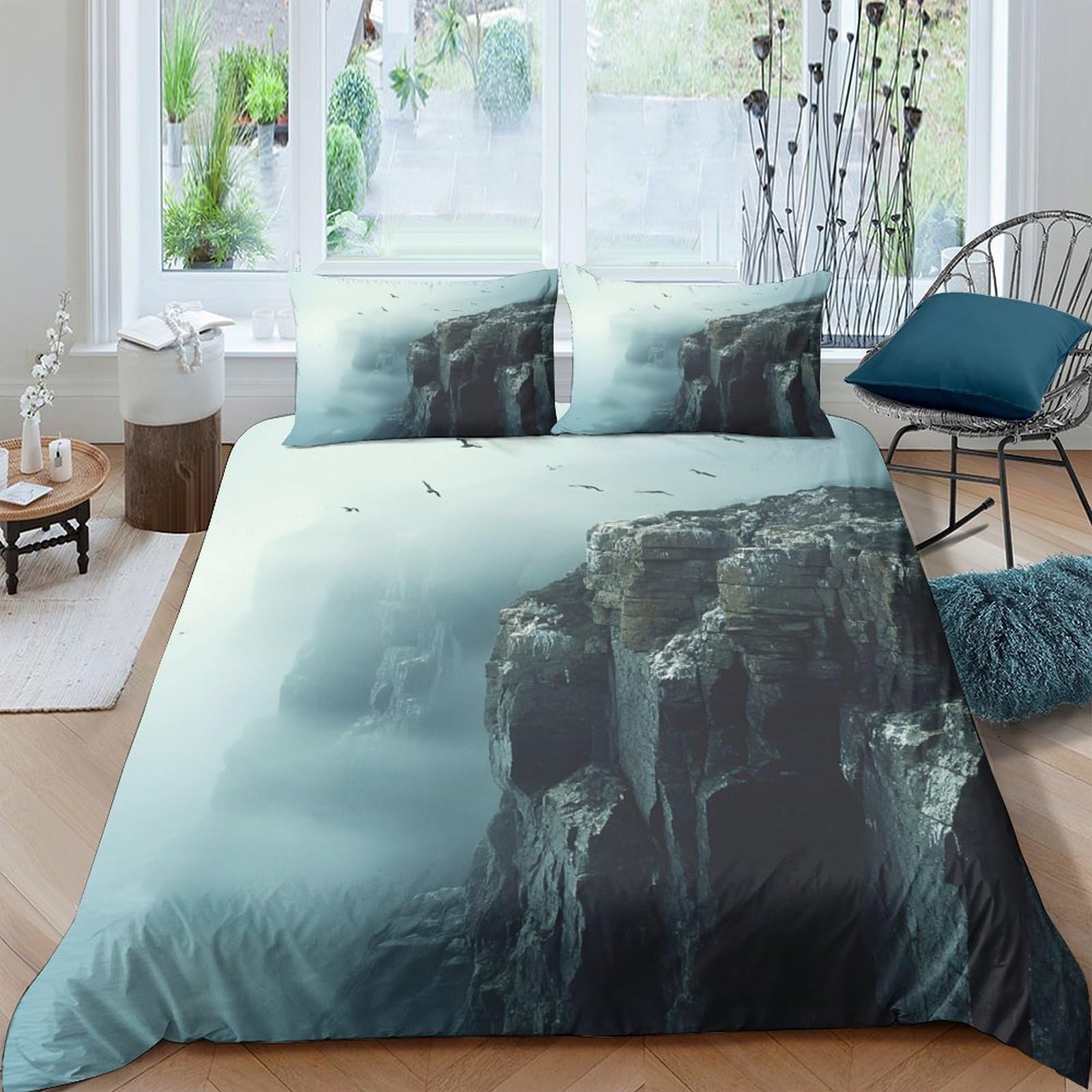 GPLZQXKJNH 3D Printed Misty Cliff Duvet Cover Microfiber Soft Breathable Waterfall Bedding Set with 2 Pillowcases for Bedroom Decor Single（135x200cm）