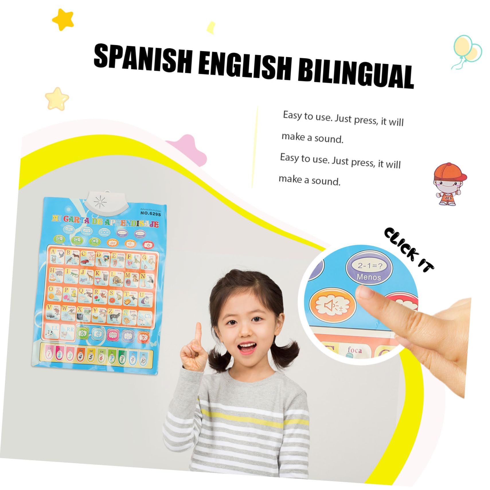 KOMBIUDA Póster Parlante Bilingüe en Español E Inglés para Niños, Juguete Educativo Electrónico sin Batería, Plástico Resistente y Reproducción de Sonido, Adecuado para Habitación