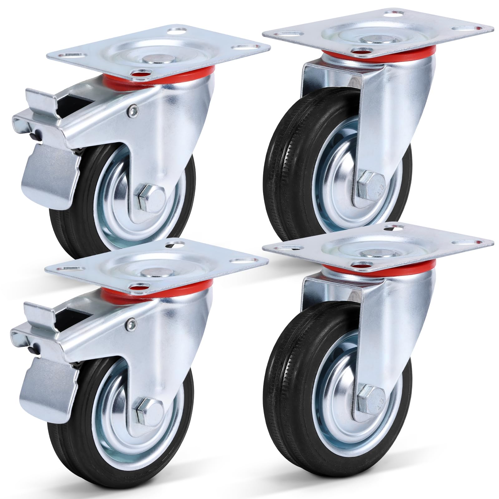 4 Stück Schwerlastrollen 200mm, Zwei 360° Drehbar Transportrollen und Zwei lenkrolle mit Bremse, Hohe TragfäHigkeit Vollgummi Laufrollen für Werkbank Werkzeugwagen und Möbel