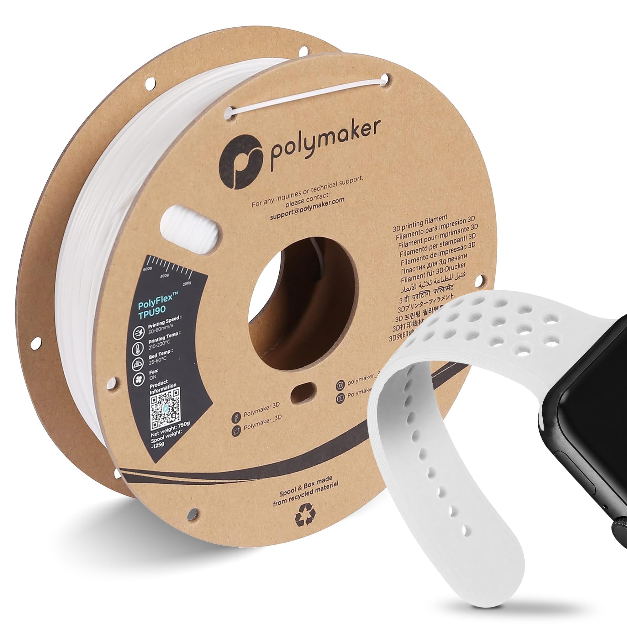 Polymaker TPU Filament 1.75mm White, 750g Shore 90A Flexible, 1.75mm Diameter, 750g Display Weight, PolyFlex TPU90 3D TPU Filament