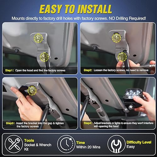 Vista 55 de Nilight Soporte de luz de zanja, bisagras de capó, kit de soporte de montaje para luz LED auxiliar todoterreno para luz de trabajo en Toyota 4Runner