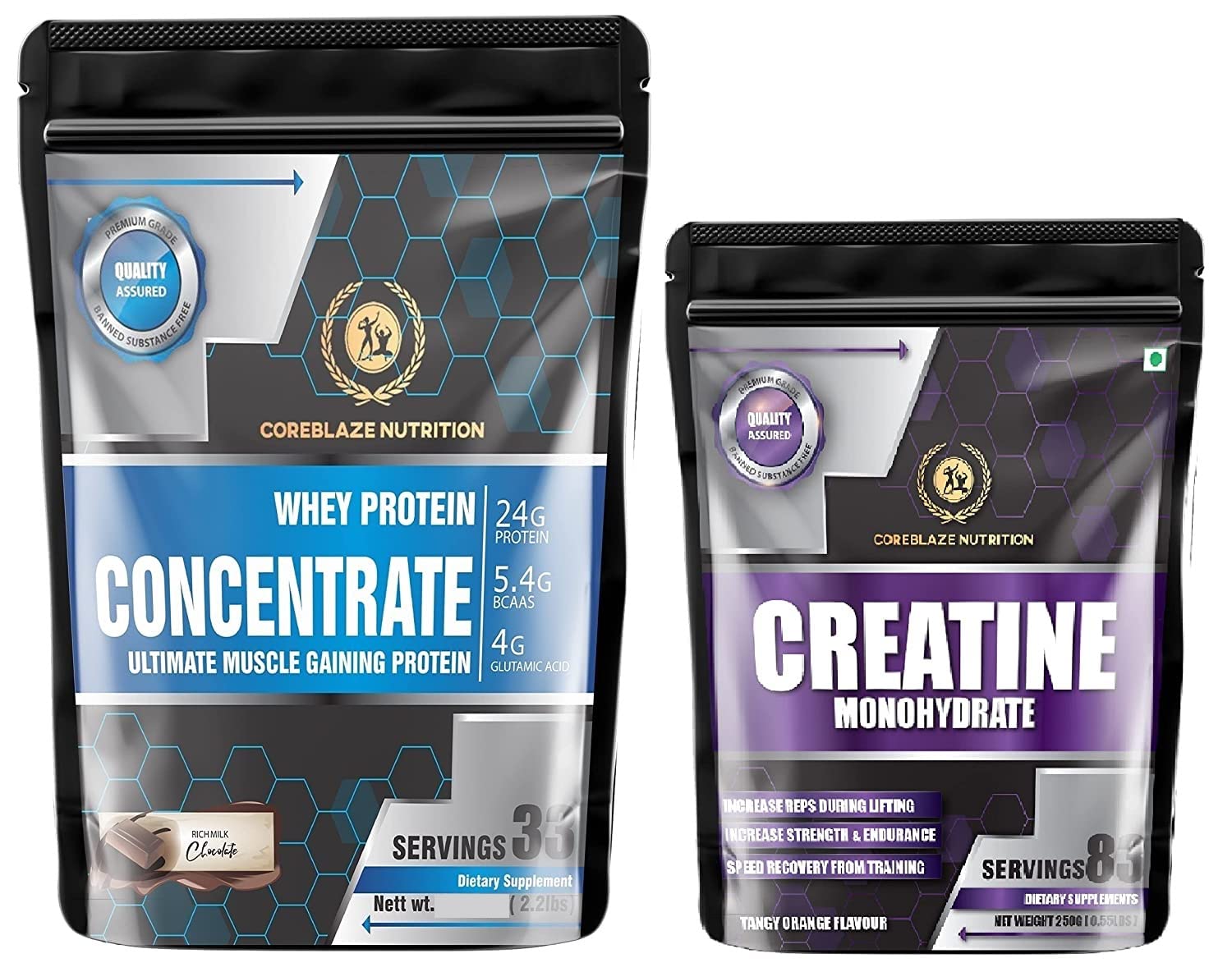 Coreblaze Nutrition® Combo of Whey Protein Concentrate 80%,24g Protein,5.5g BCAA.4g Glutamine 750g (Concentrate 1kg + Creatine 250g)