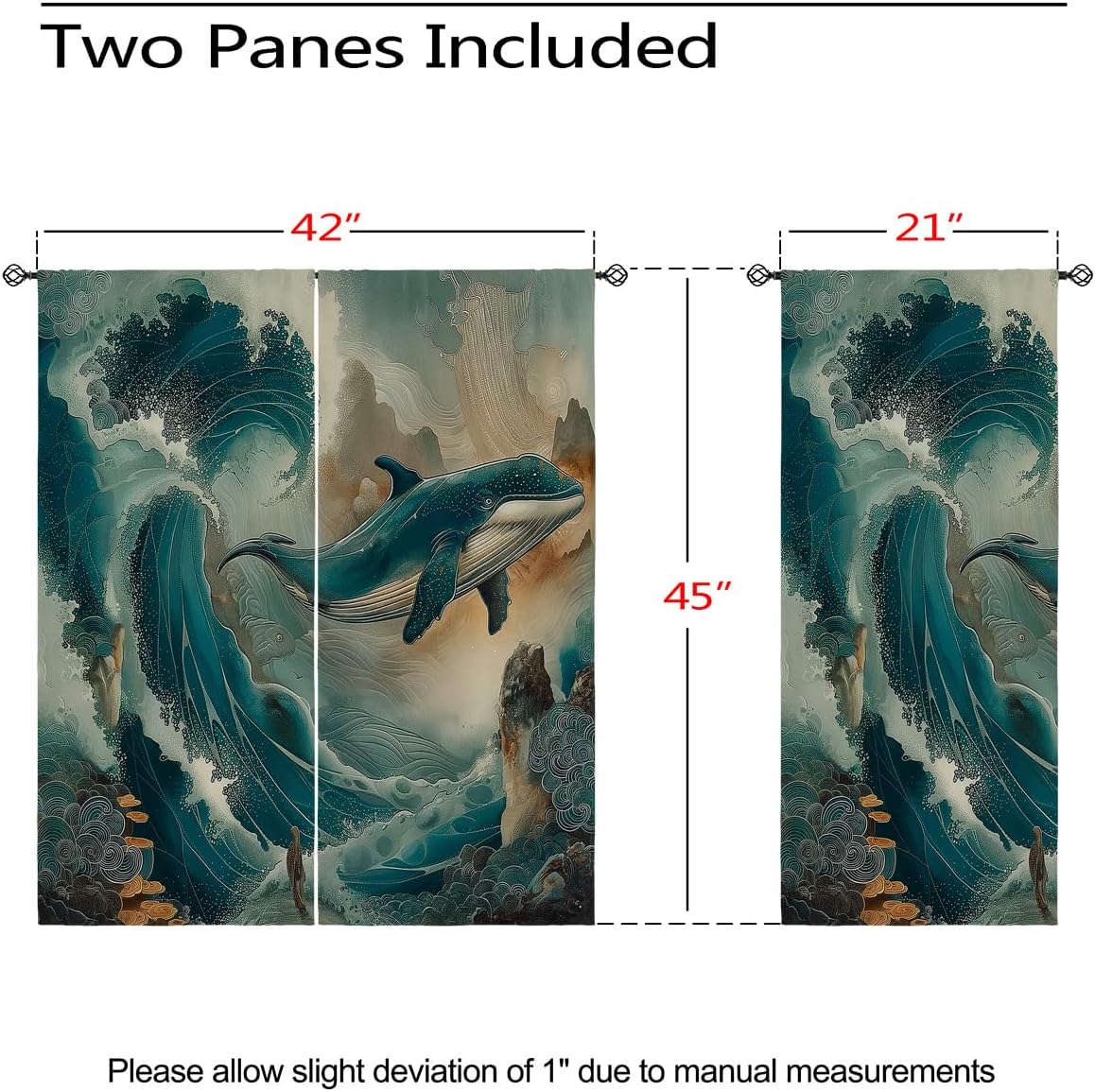 Whale Blackout Curtains for Girls Boy Home Decor, Waves Ocean Nautical Animal Art Grommet Thermal Insulated Drapes Darkening Window Curtain for Bedroom Living Room, 42 x 45 Inch