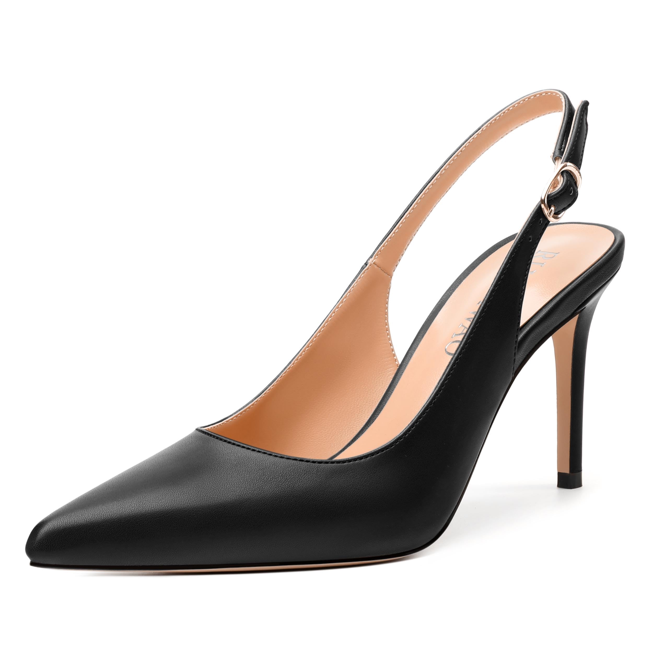 RLYGHWAO Womens Fashion Pumps with Slingback Buckle, Pointed Toe High Heels, Solid Matte Shoes for Women 3.3 inch