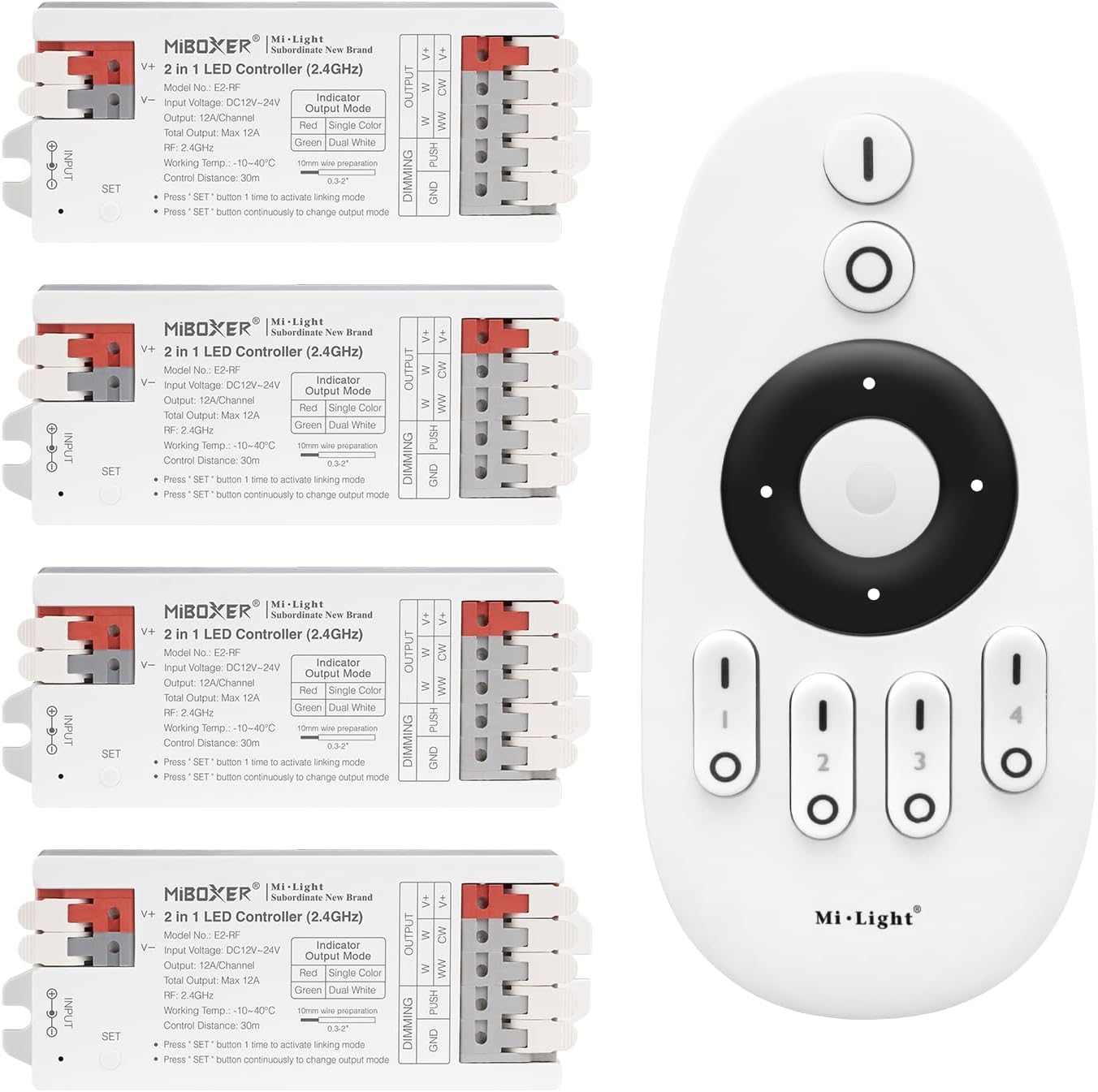 LIGHTEU Milight Miboxer 2 in 1 LED Controller 2.4 GHz Single Colour and Two White LED Strip Controller DC12V/24V PWM High/Low Frequency Supports Push-Dim 4x E2-RF + FUT007