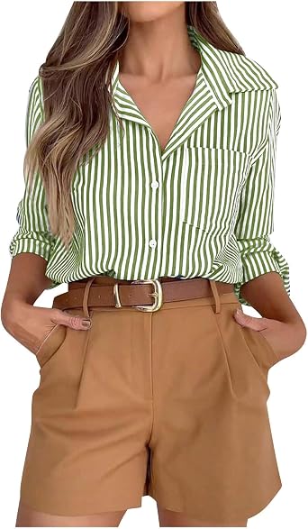 Women Business Casual Work Tops Striped Button Down Blouse Long Sleeve Collared Shirts Trendy Summer Outfits Clothes