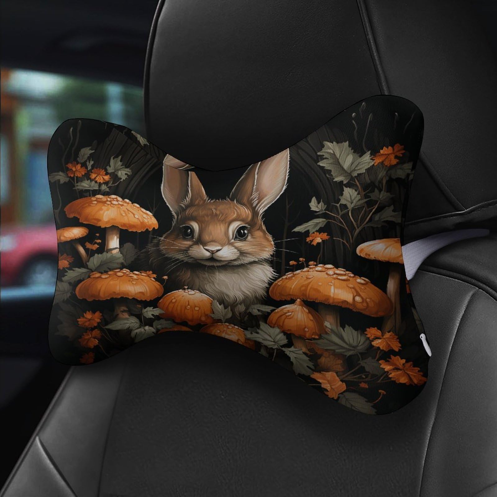 Lot de 2 coussins d'appui-tête de voiture en forme de lapin aux champignons avec housse amovible lavable pour voiture, bus, camion, confort de conduite