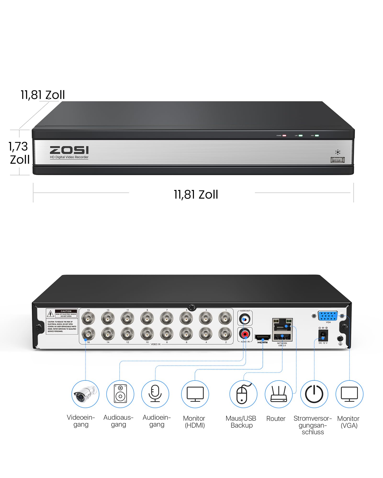 ZOSI 16CH H.265+ 1080P DVR Video Recorder mit 4TB Festplatte | KI-Erkennung, Hybrid 4in1 AHD CVI TVI CVBS Überwachungsrecorder, 16-Kanäle Verkabelt BNC Eingang, HDMI VGA Ausgang