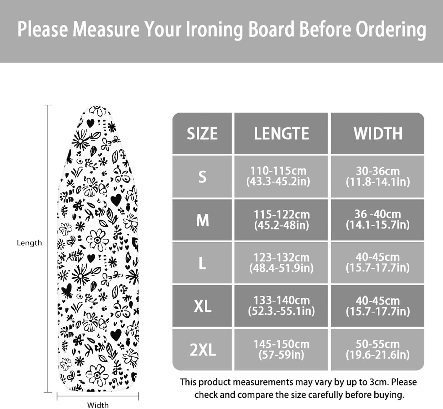 Large Ironing Board Cover and Pad 59x19 Black White Plant Oval Iron Table Cover with Padding,Extra Wide,Resist Scorching and Staining,Heatproof,Adjustable Fastener Durable Stain