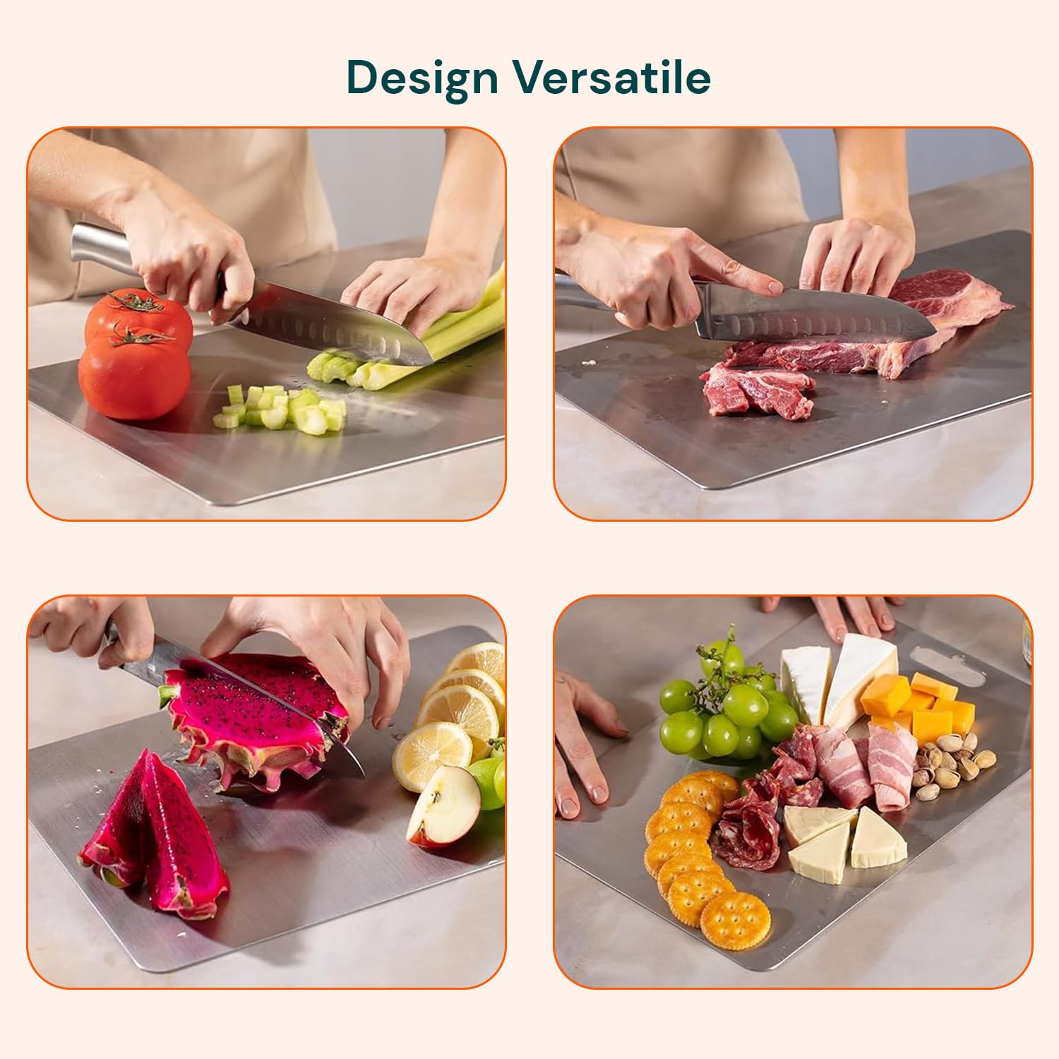 Avilia - Tagliere Acciaio Inox Bifacciale con Manico Forato Set 3 Diverse Dimensioni per Carne Pesce Verdure e Pane Uso Quotidiano Superficie Igienica Antiruggine Salvaspazio