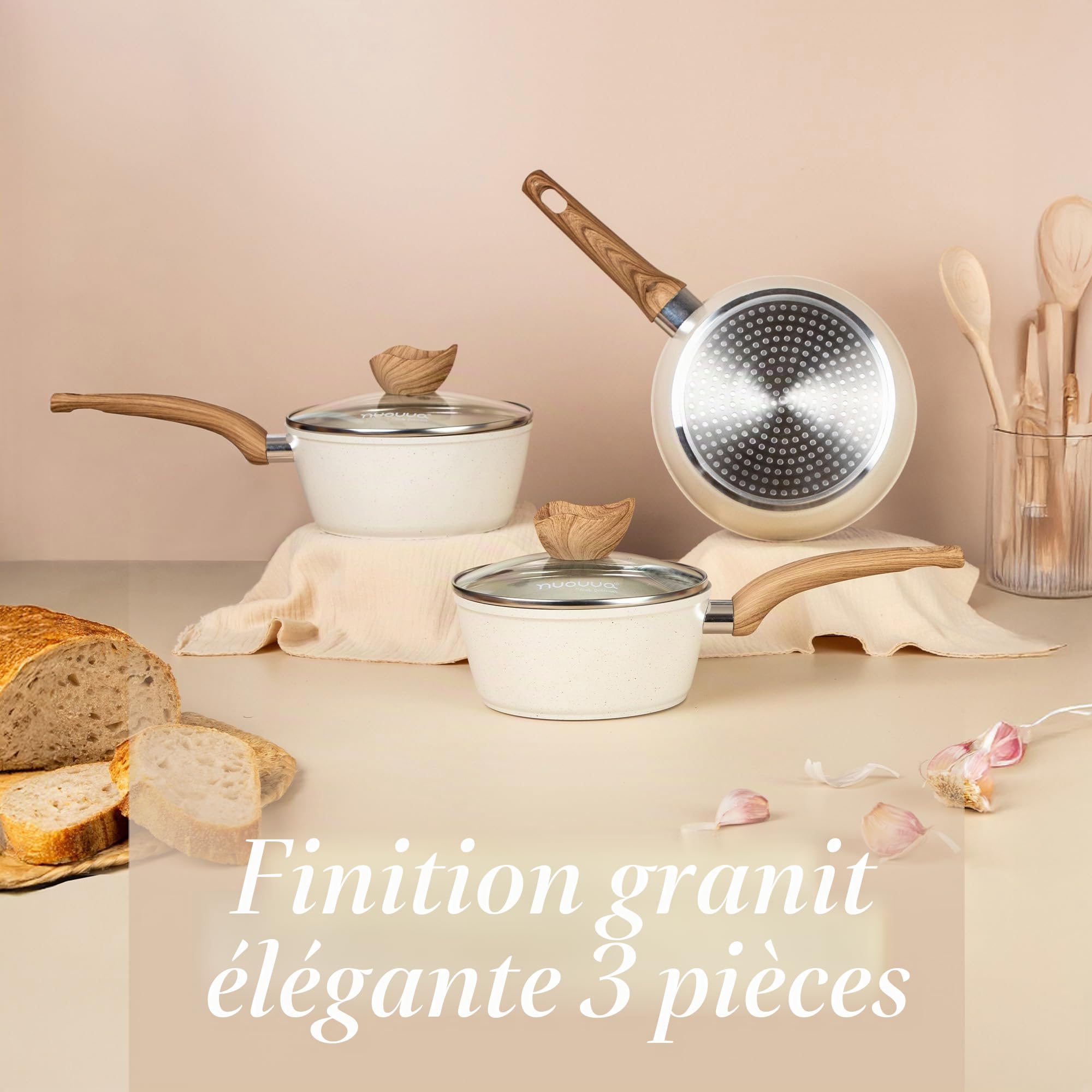 Nuovva Set de Casseroles Antiadhésives – Casserole à Induction avec Couvercle – Set de 3 Casseroles en Granit Crème – 16 cm, 18 cm, 20 cm – Par Nuovva.