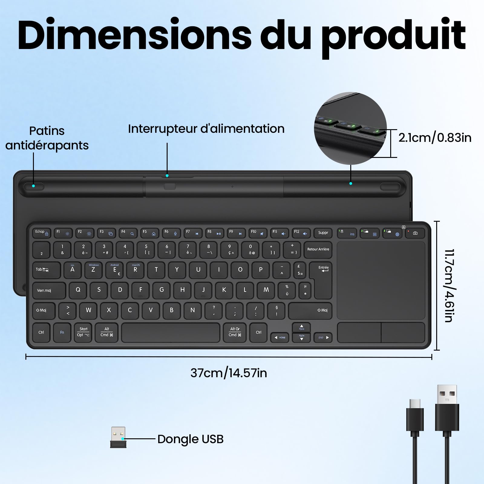 Clavier sans Fil Rechargeable avec Pavé Tactile, AZERTY FR Layout