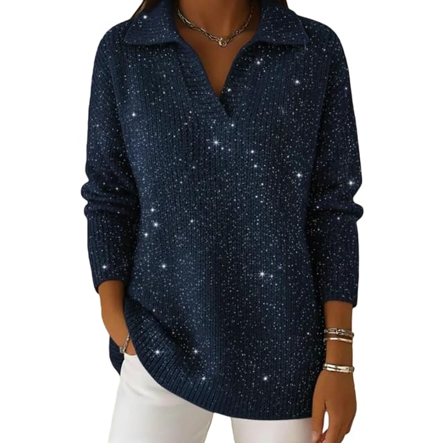 Womens Christmas Party Polo Collar Shiny Loose Sweater - Festive Sparkle for Holiday Gatherings