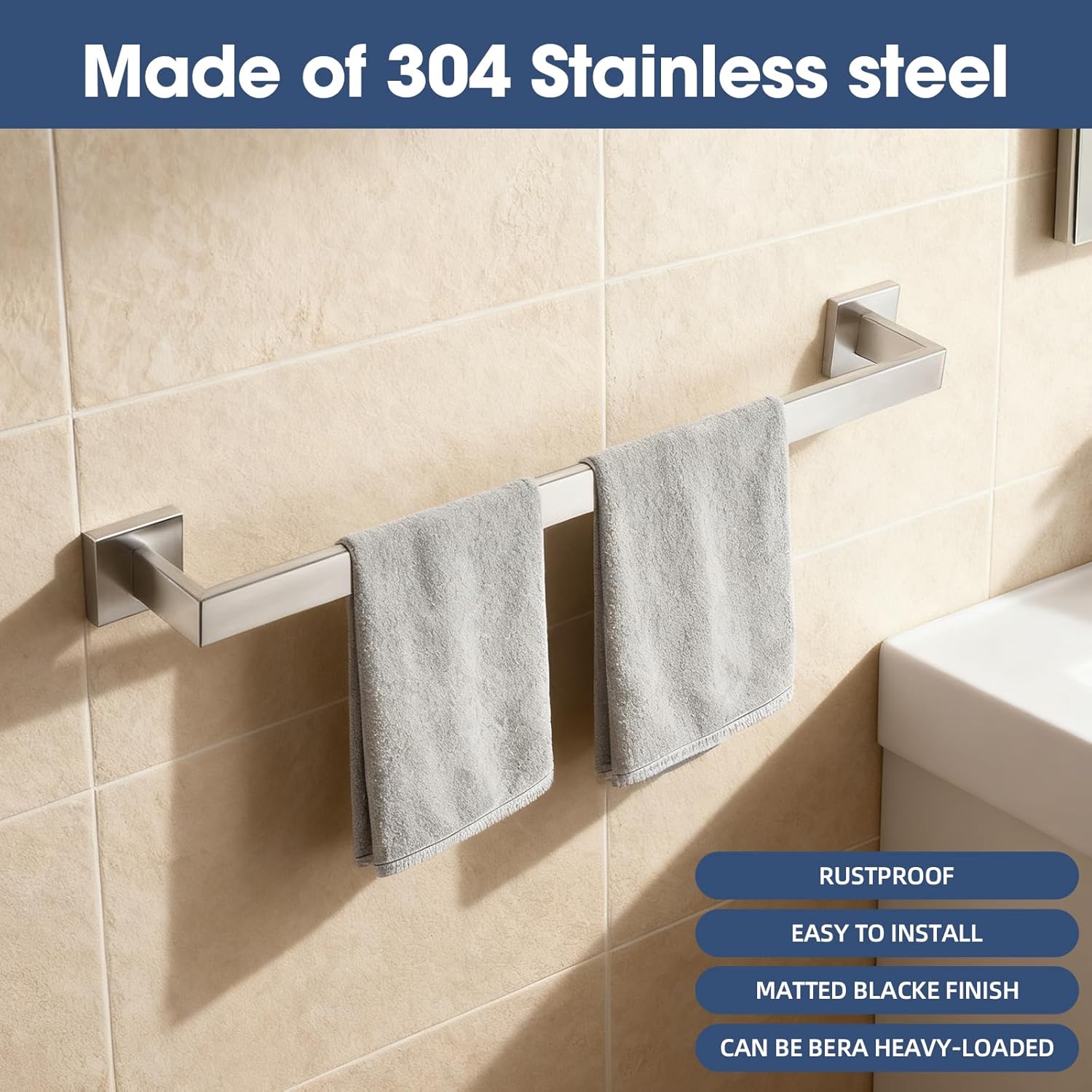 23.6 Inch Brushed Nickel Bathroom Towel Bar Set, 2-Piece Square Wall Mounted Towel Rack, Wall Mounted 304 Stainless Steel Towel Holder for Bathroom