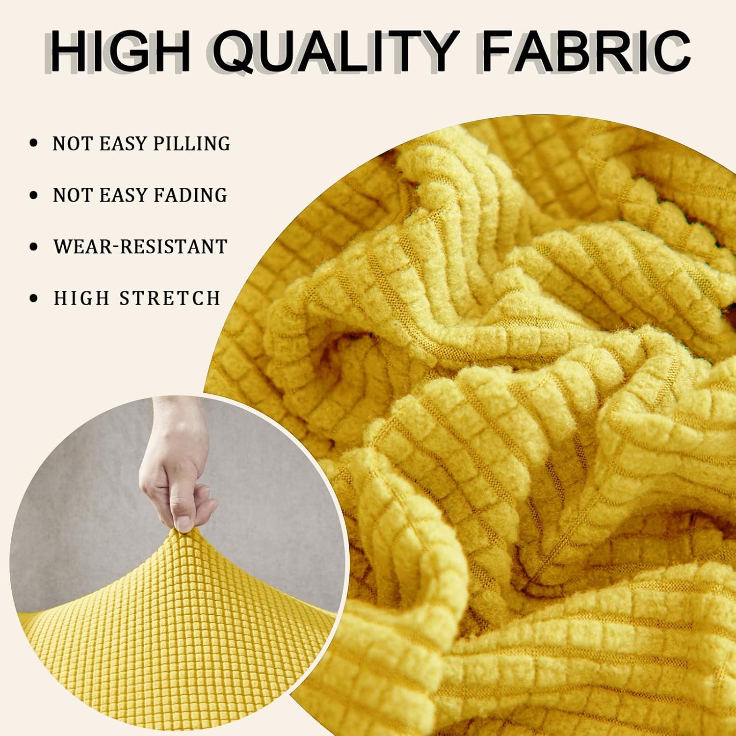 Stretch Sofa Seat Cushion Cover, Removable Sofa Cushion Cover with Ties, Sofa/Couch/Settee Covers Furniture Protector Replacement (Yellow,W(90-110in),D(20-28in))