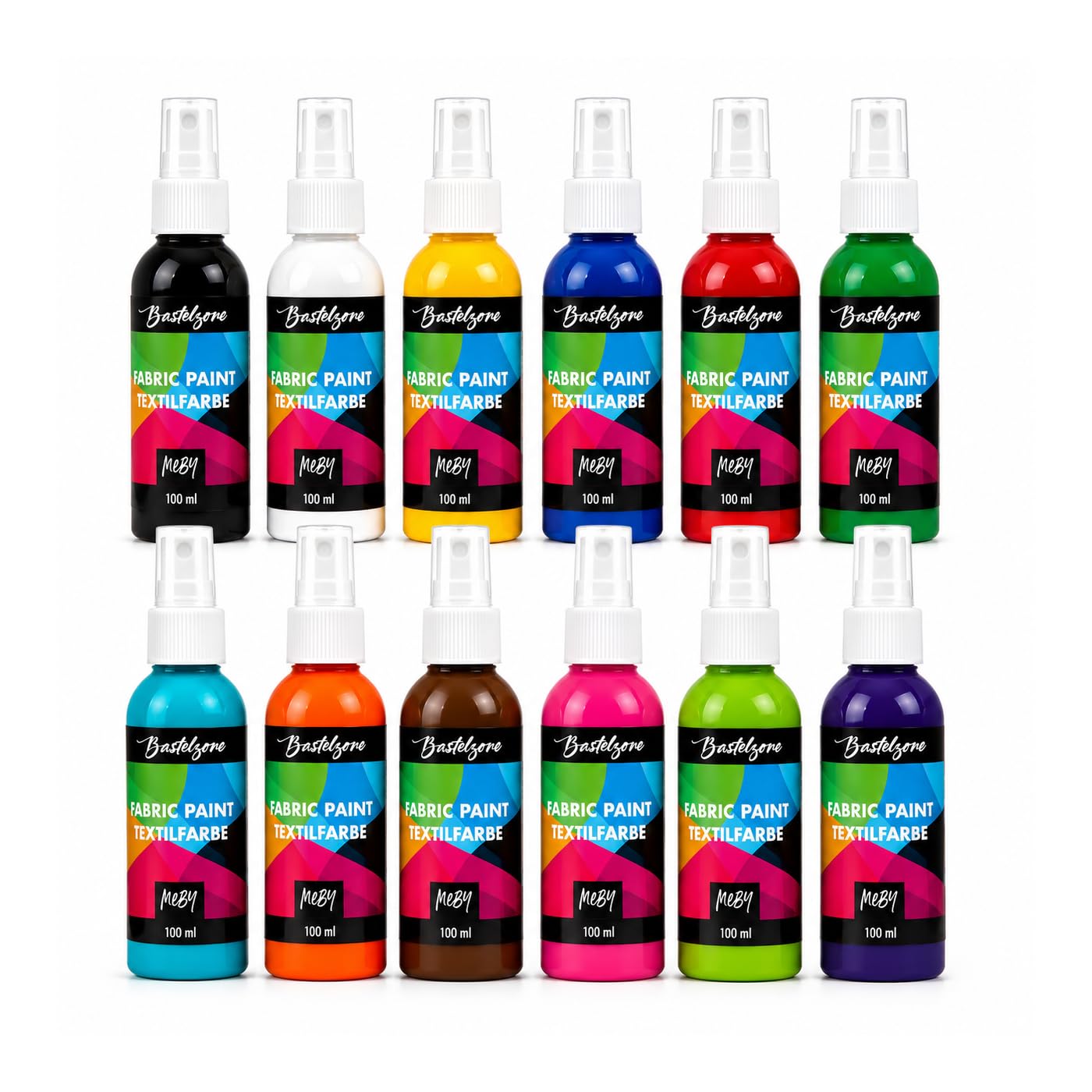 Set di colori spray per tessuti chiari. 12 colori ciascuno da 100 ml. T-shirt colori in flaconi spray. Facile fissaggio e lavabile fino a 40°C. Effetti creativi su tessuto (12 colori)