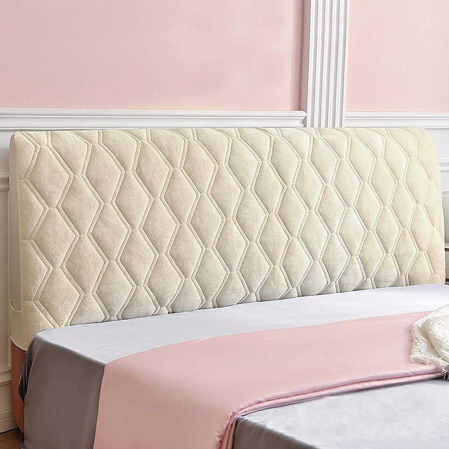 Velvet Bed Headboard Cover for Full Queen Cal King Size, Quilted Bed Headboard Slipcover Thicken Dustproof Headboard Padding Protector Cover (Beige,150cm(59''))