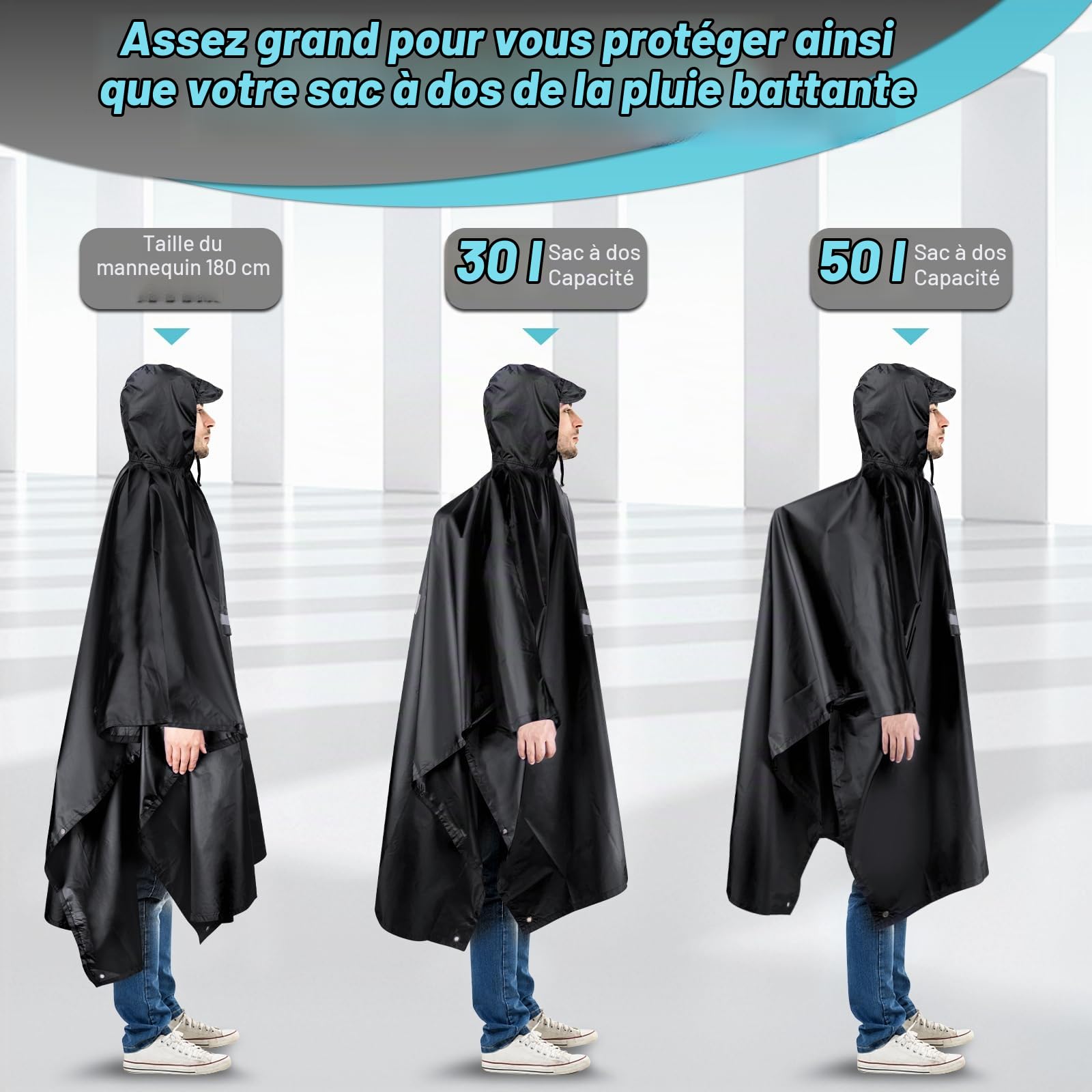 Poncho Pluie Imperméable 225 X 140CM Cape de Pluie Réutilisable Poncho Légère Respirant Grand Poncho de Pluie Unisexe avec Capuche et Poche pour Extérieur Randonnée Camping Vélo