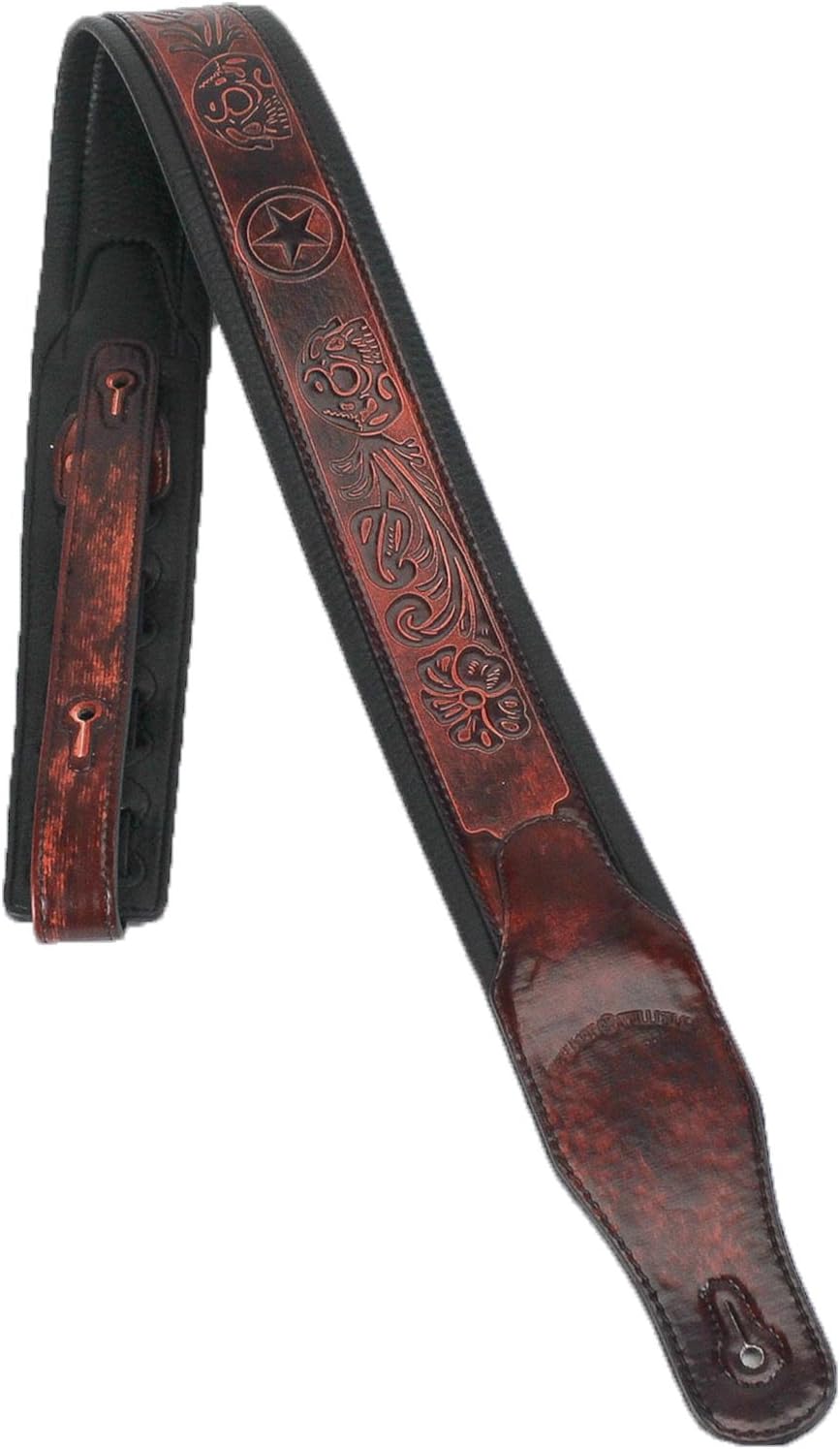Walker & Williams GB-126 Bourbon Brown Padded Guitar Strap Texas Stars & Skulls