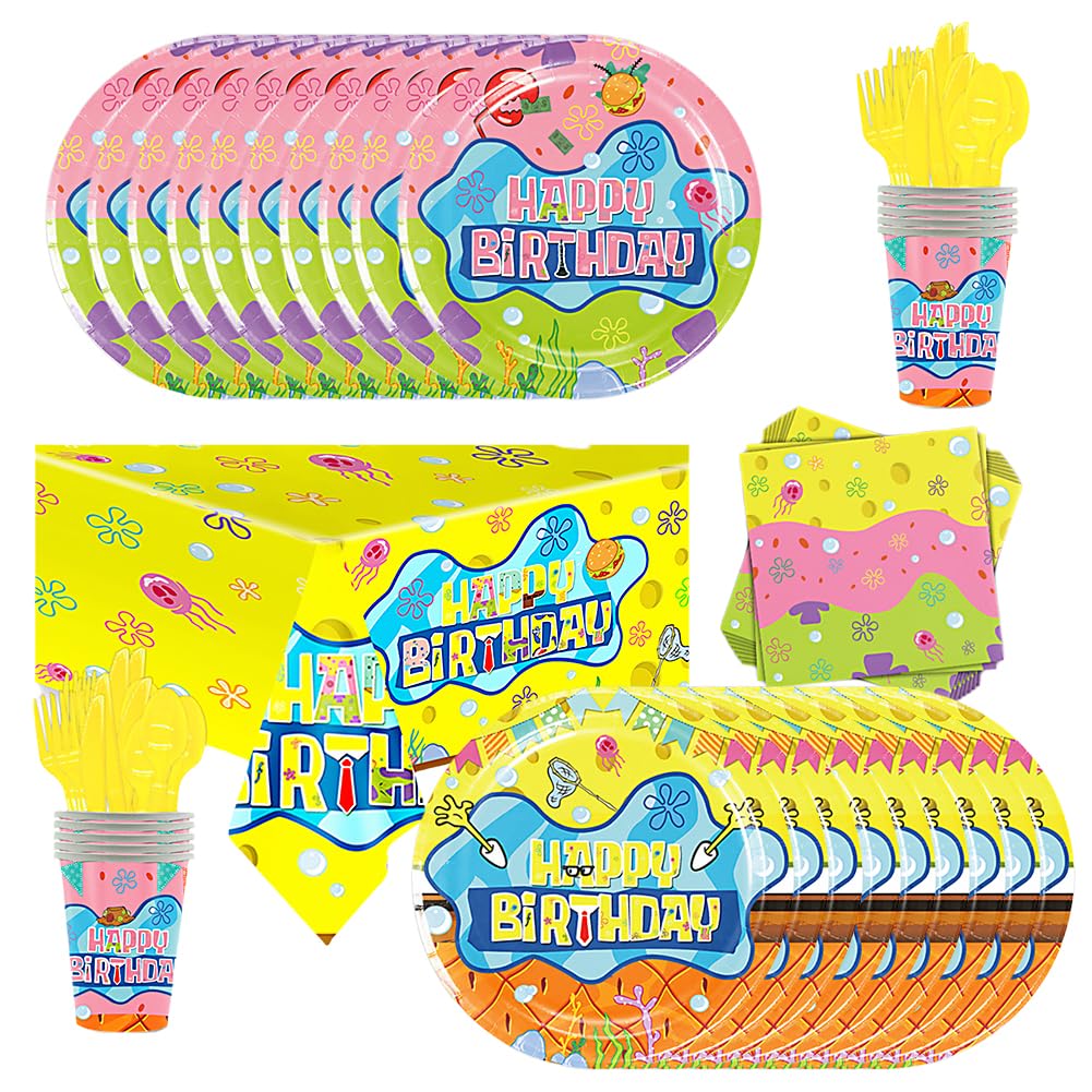Sponges Party Tableware Set,81PCS Sponge Party Supplies Cartoon Tableware Includes Paper Plates Cups Napkins Tablecloths Cutlery For 10 Guests Suitable For Adult Kids Birthday Party