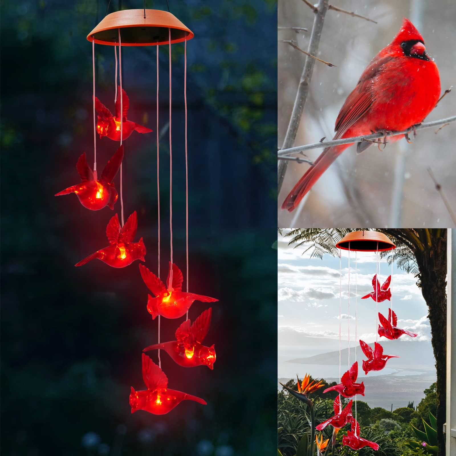 Vency Solar Red Bird Wind Chimes, Color Changing Solar