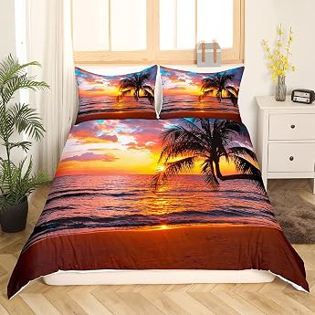 Loussiesd Women's Ocean Beach Bed Set for Children Adults Girls Chic Sea Sunset Landscape Duvet Cover Set Tropical Palm Tree Bedding Set 135 x 200 cm Hawaiian Holiday Decor