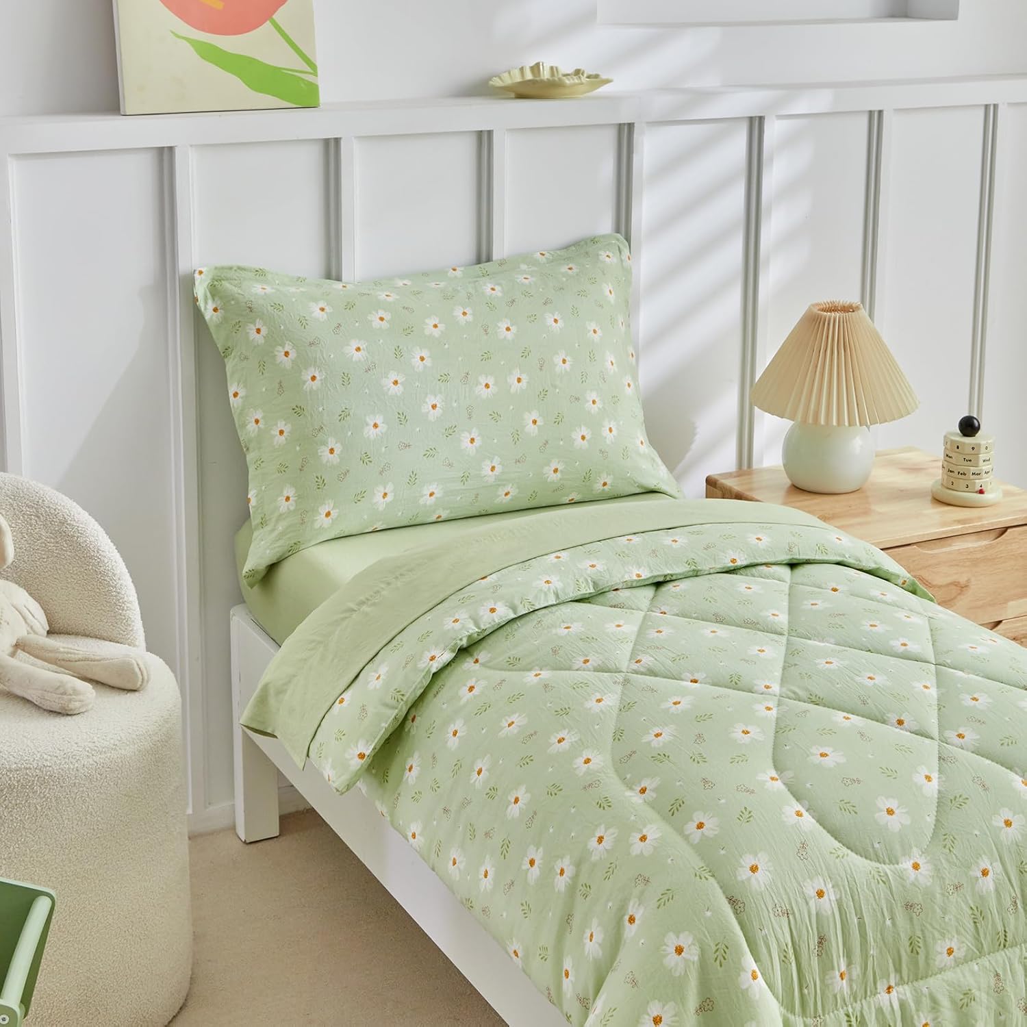 DuShow Green Floral Toddler Bedding Set,4 Pieces Toddler Crib Bed Sheet Set for Girls and Boys,Soft Toddler Comforter Set Includes Comforter,Flat Sheet,Fitted Sheet,Pillowcase - Image 6