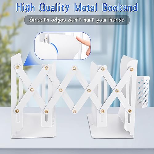 Miniatura 4 de Extremos de libros resistentes para sostener libros con soporte para bolígrafos, sujetalibros ajustables, extremos de metal para estantes, soportes