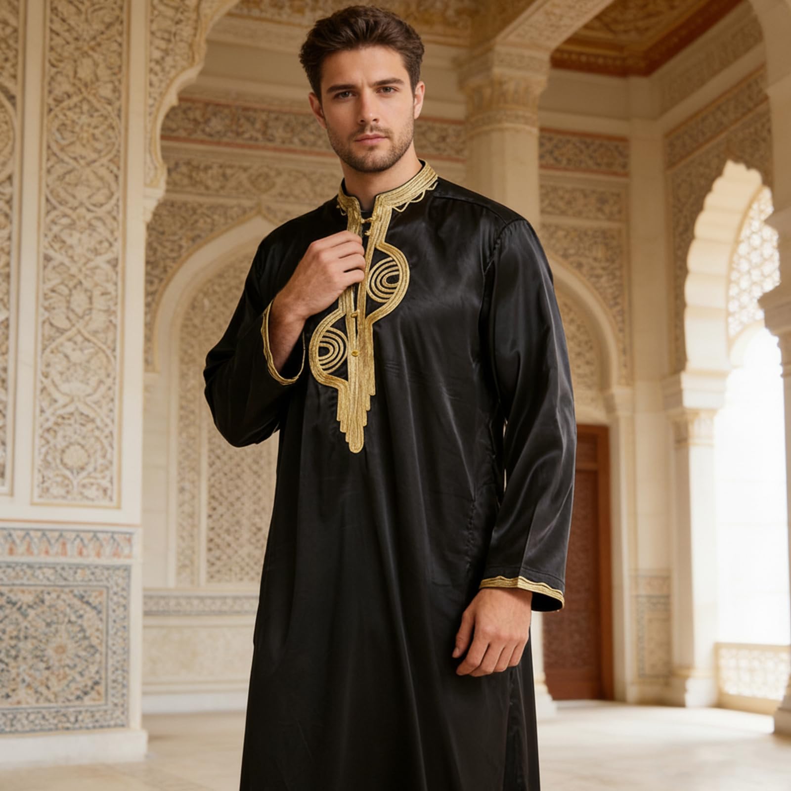 Chilaba Hombre Bordado, Kaftan Hombre Manga Larga Cuello de Pie, Abaya Hombre Ramadán con Bolsillo, Jalaba Hombre Marroquí, Bata Hombre Musulmana, Ropa de Oración Islámico Árabe