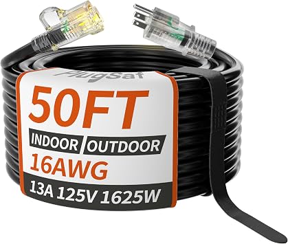 PlugSaf 16 Gauge 50 FT Black Outdoor Extension Cord Waterproof with Lighted