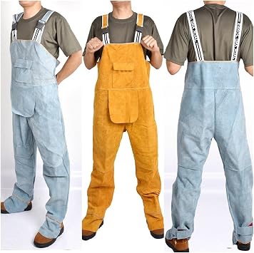 Welding Work Clothing, Welding Clothing Mens Bib Overalls Safety Coverall High Temperature Protective Leather Flame Retardant Repair Welder Strap Pants(Giallo,L)
