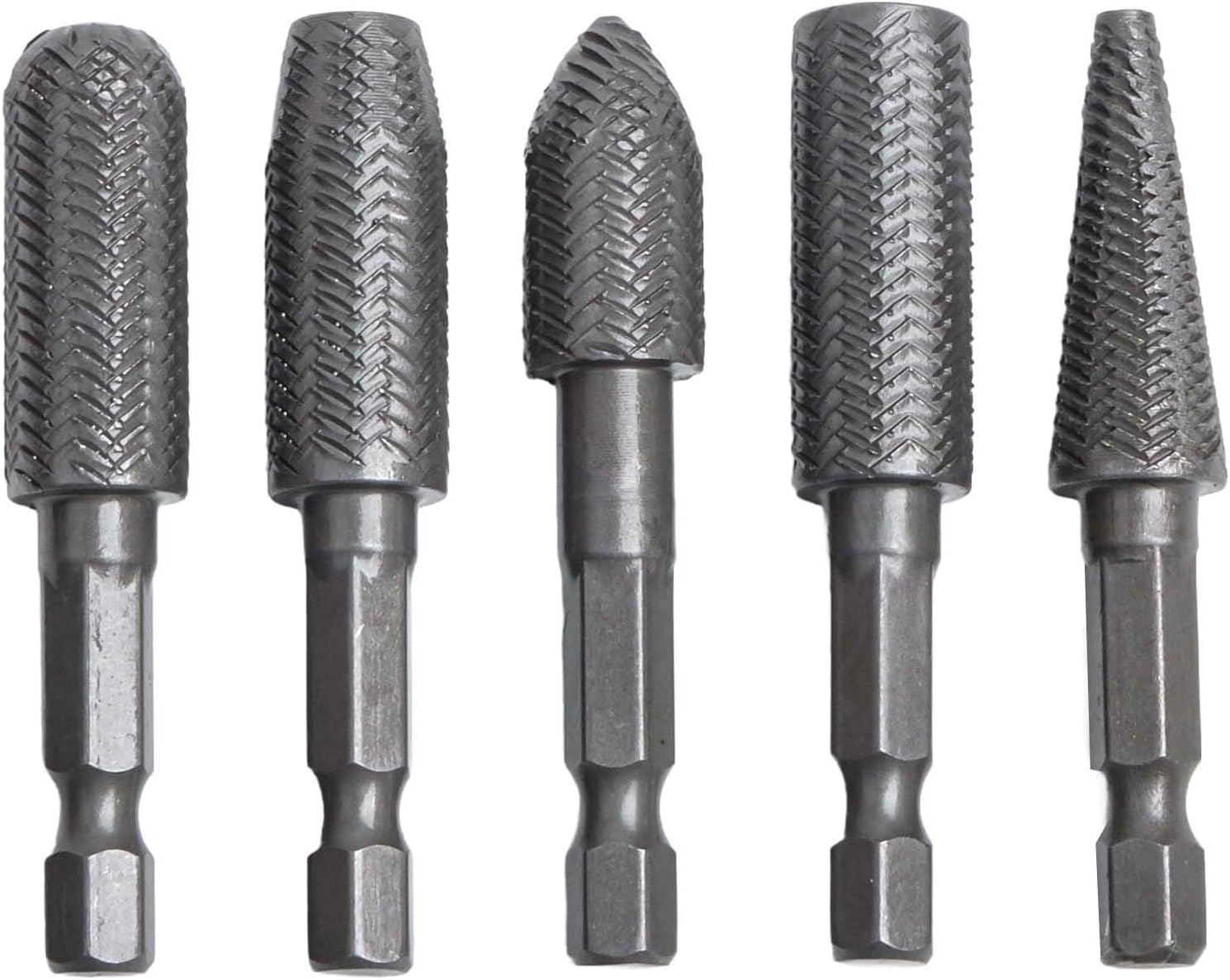 Hex Shank Rotary Steel File for Grinding, Milling and Shaping Metal - 6.35mm (1/4") Heat Treated Carbon Steel Burrs - 5 Pack