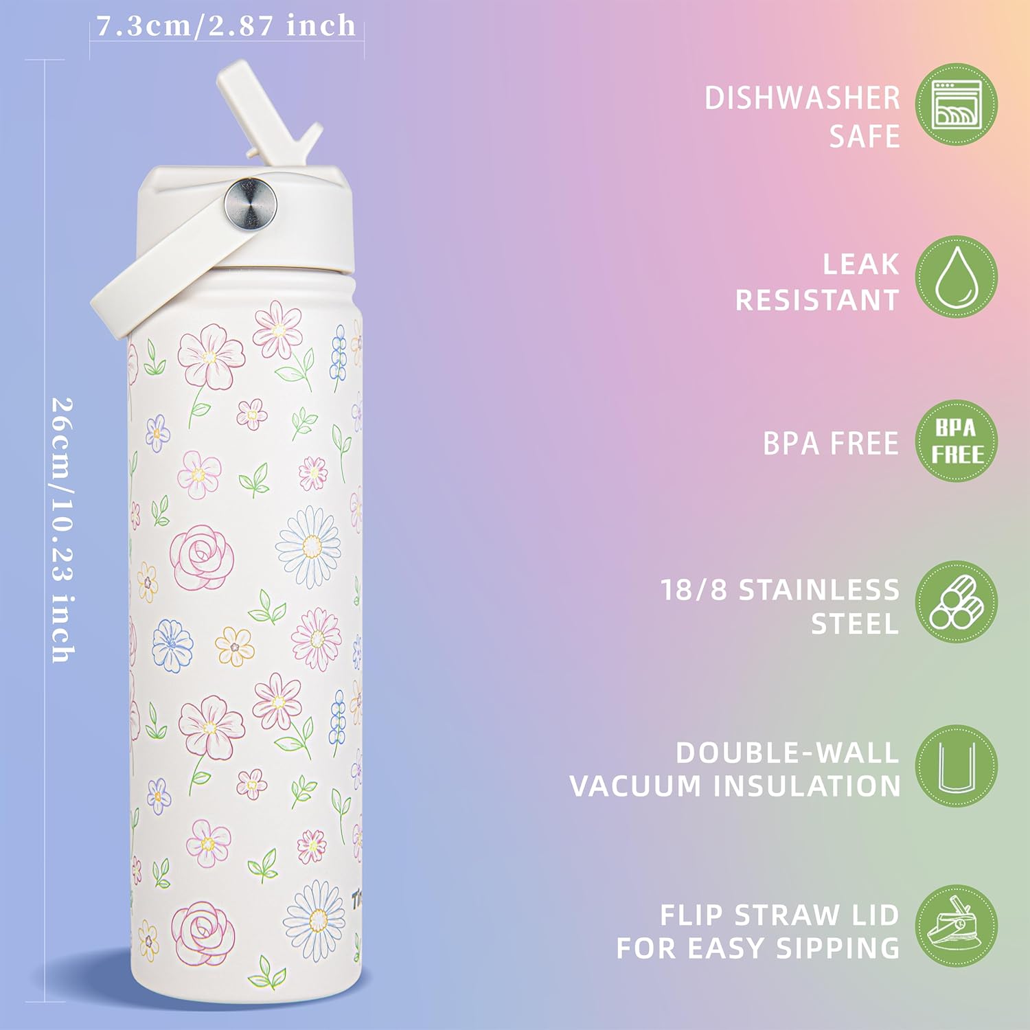 25oz Insulated Stainless Steel Water Bottle with Handle & 2 Lids - Leakproof, Hand-Drawn Floral Cute Water Bottle, Matte Cream Beige, Keeps Hot/Cold 24H, Original Design Travel bottle - Image 2