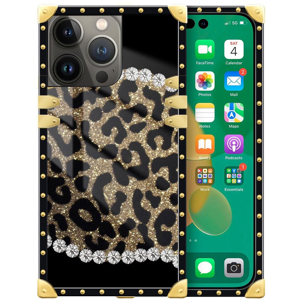 DAIZAG Case Compatible with iPhone 15 Plus,B Glitter Leopard Diamond Case Luxury Elegant Women Girls Metal Decoration Corner Classic Retro Soft TPU