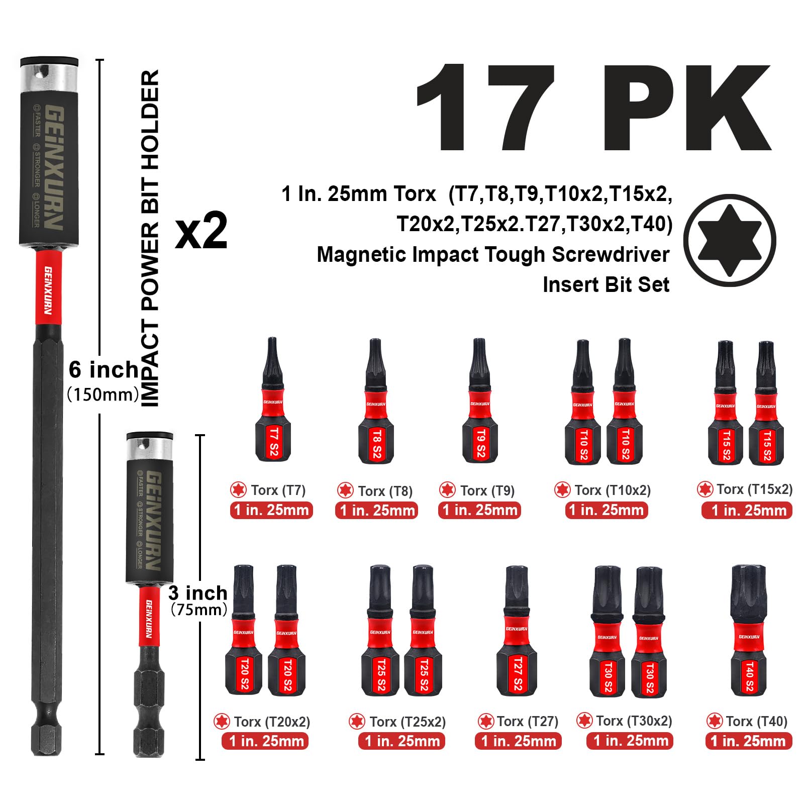 Geinxurn 30-teiliges T40 Schraubendreher-Bit-Set – Schlagfest, Magnetisch, Mit Bithalter & Box
