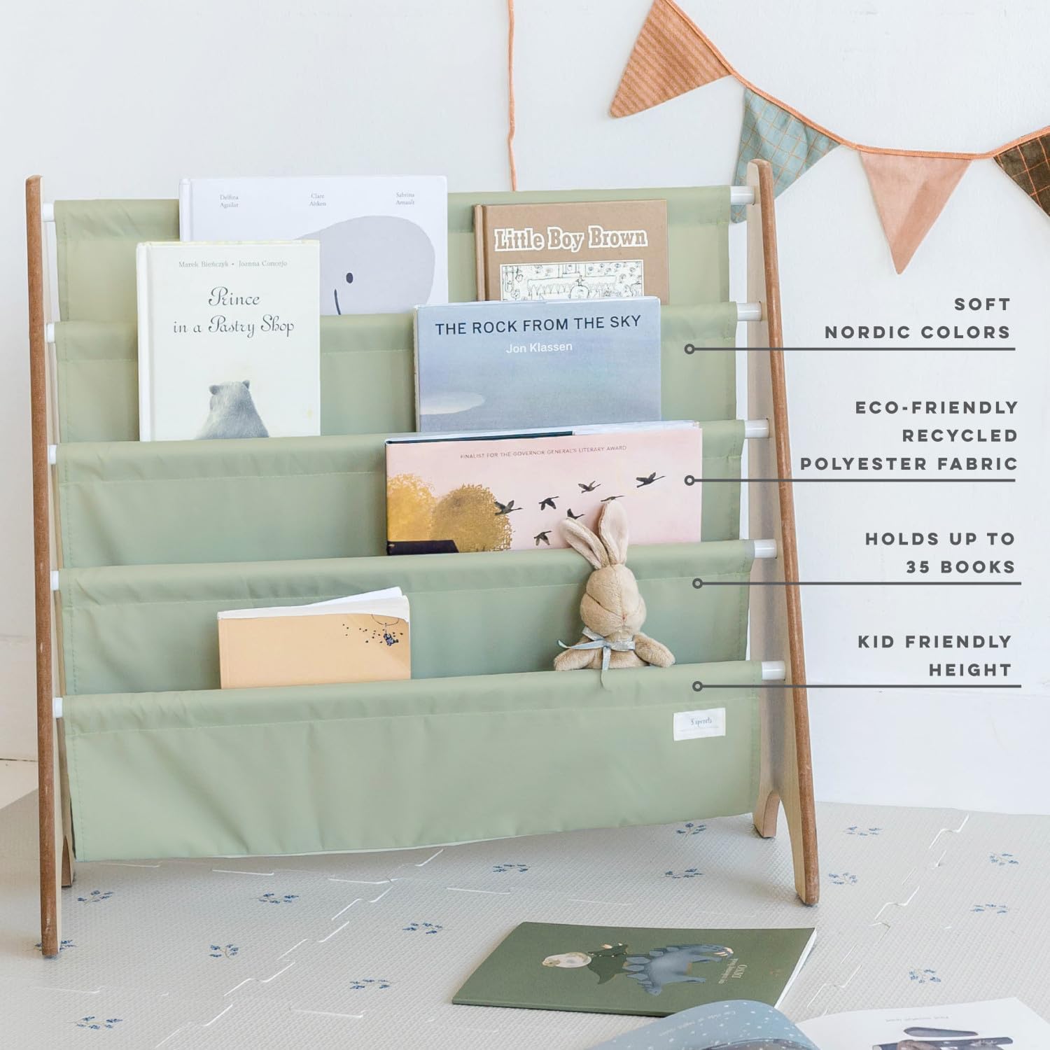 3 Sprouts Recycled Fabric Kids Bookshelf – 4-Tier Sling Book Rack Organizer - Nursery Room Playroom Classroom Wooden Book Shelves - Kid Bookcase Wood Storage Shelf for Toddler Age 3+ - Solid Green - Image 4