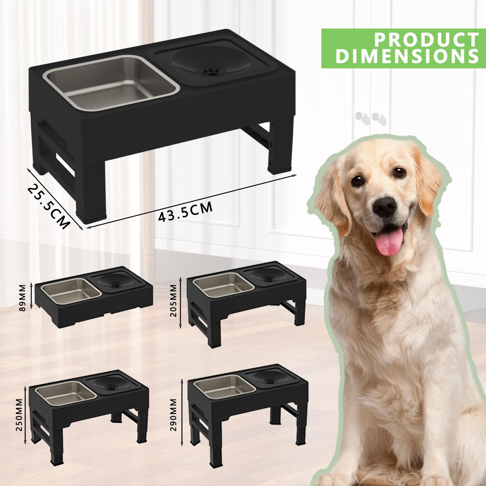 Cuenco Elevado para Perros con 4 Alturas Regulables, 1x1600ml Cuenco de Acero Inoxidable y Recipiente Anti Goteo, con 1x1600ml Recipiente Slow Feed para Perros Pequeños, Medianos y Grandes