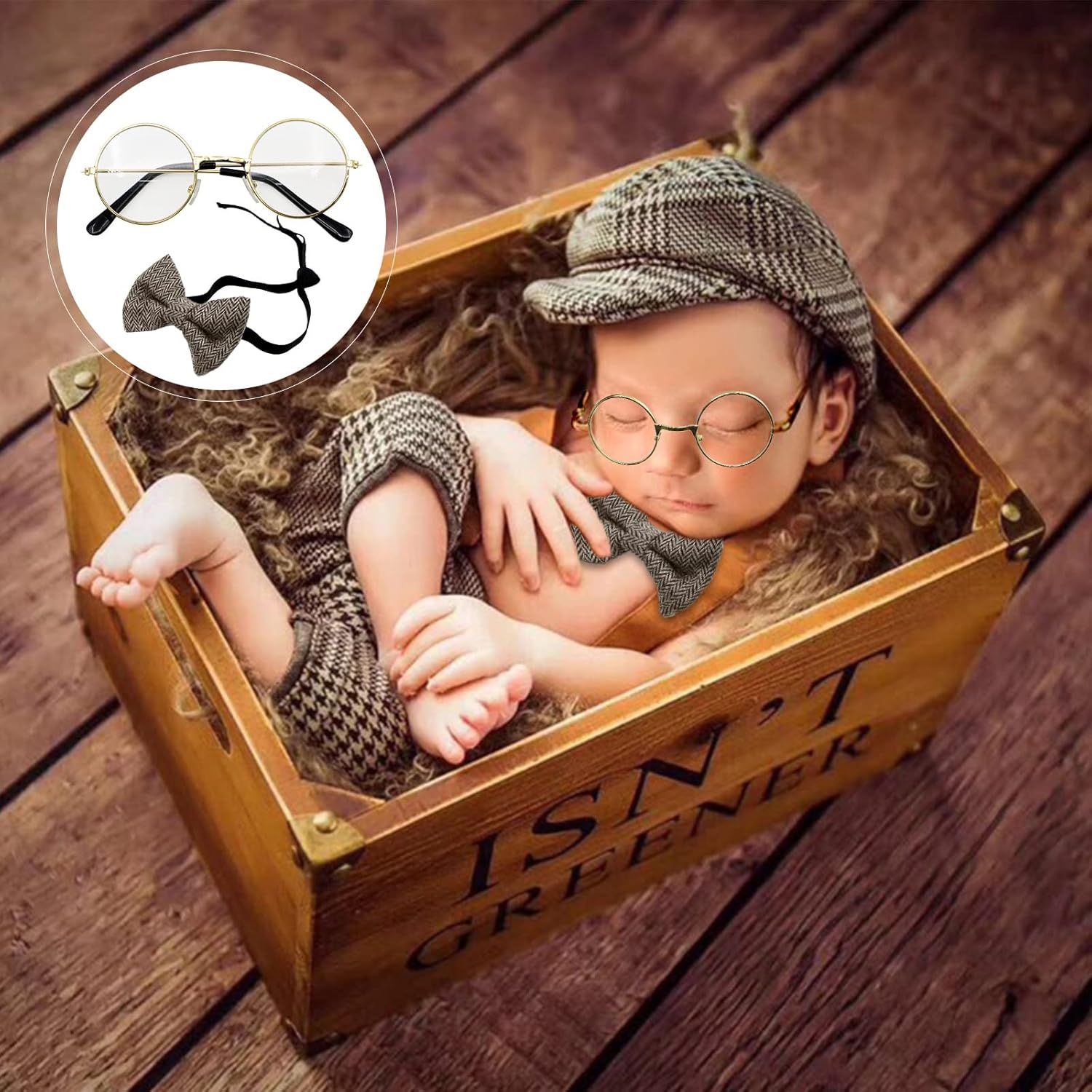 SPOKKI 4 Pcs Newborn Baby Photo Props, Lattice Rompers Suspender Pants with Beret Glasses Bow Tie for Infant Boys' Costumes, Newborn Boy Photography Outfit Set, Checked Fabric Gentleman Suit (Brown) - Image 2