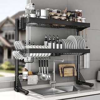 Over Sink Dish Drying Rack, 3-Tier Full Stainless Steel Drainer Dish Rack Adjustable 20.9''-37.4'', Expandable Multifunctional Kitchen Organizer - Amazon product rated Grade A