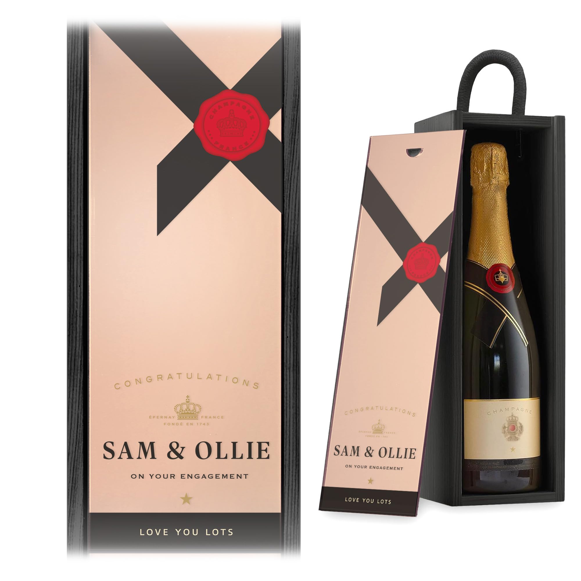 A1 Graphics Ltd Personalised Champagne Wine Gift Box Merry Christmas Custom Printed Birthday Christmas Valentines Anniversary Engagement Gift (Black Box/Rose Gold Mirror Lid)