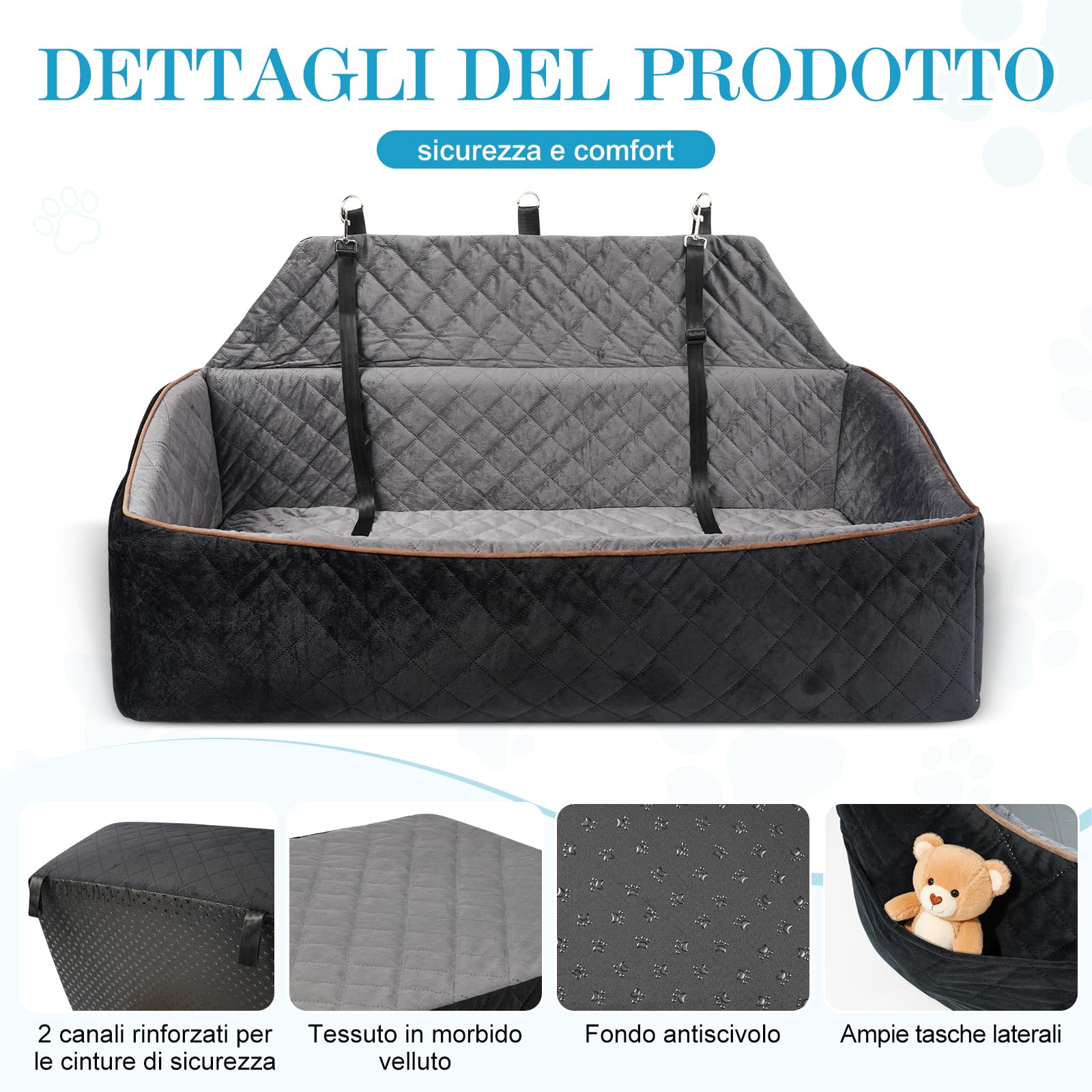 Seggiolino Auto per Cani per Cani Grandi/Medi fino a 45 kg - Seggiolino Auto Cane Rimovibile e Lavabile, Trasportabile con Guinzaglio e Base Antiscivolo per Sedile Posteriore