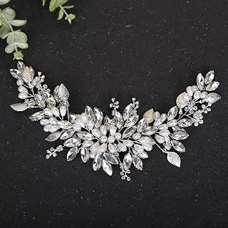 Boho Crystals Silver Leaf Headband Wedding Bridal Pearl Headpiece Handmade Hair Accessories (Silver)